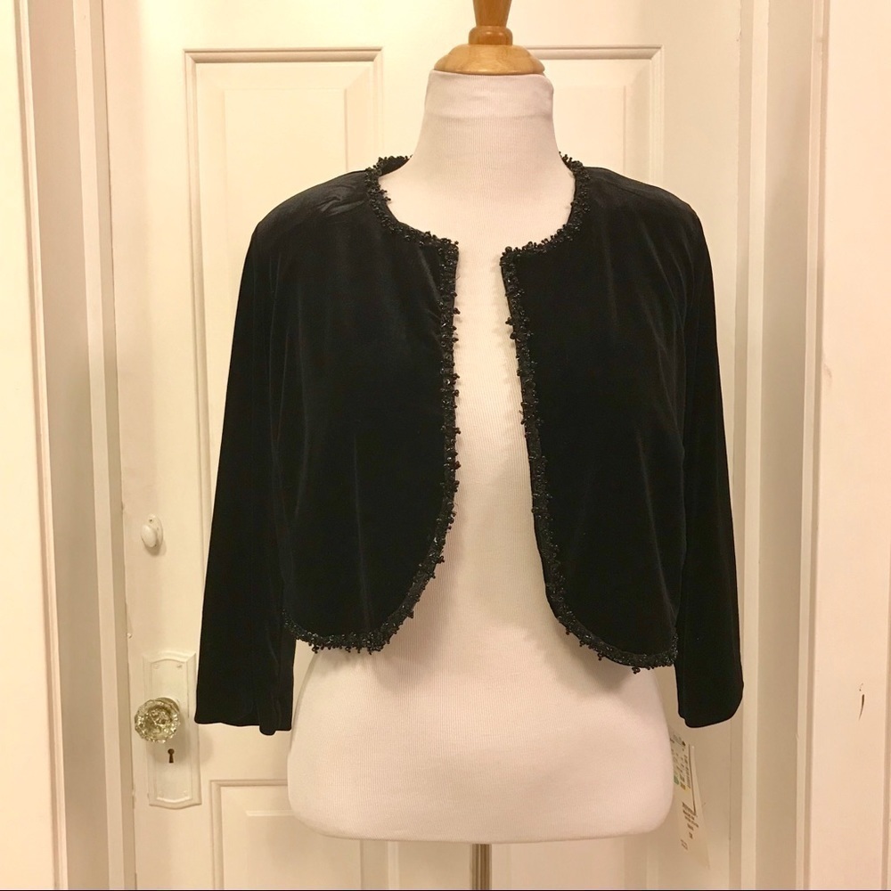 MSK: NWT Chic Beaded Trim Velvet Solid Black Dressy Bolero 1X